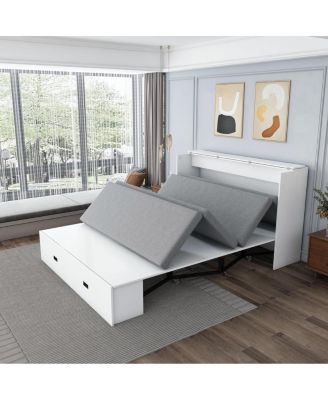 Murphy Bed with Storage, Charging Cabinet, Foldable Panels, Swivel Wheels