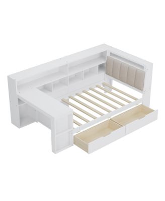 Twin L-shaped Wooden Daybed with Desk & Storage Bookcase, White