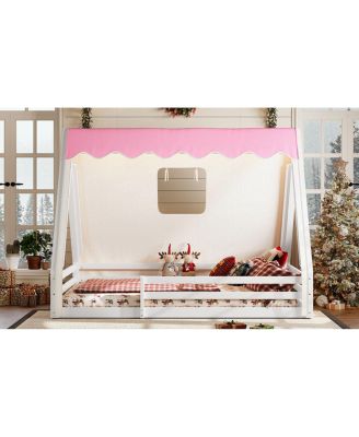 Full Size House Floor Bed with Tent and Light, Solid Wood Teepee Design