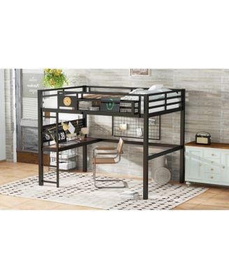 Queen Size Loft Bed Frame with Desk and Storage