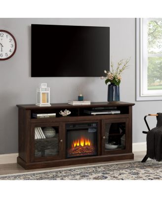 Contemporary Media Stand with 18" Fireplace Insert, Brown, 60"W