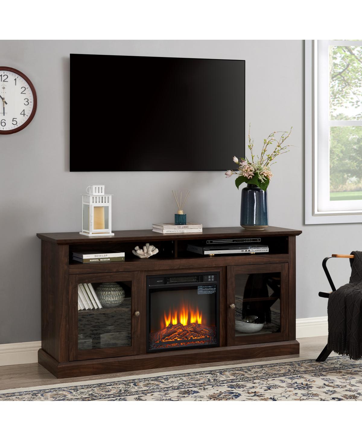 Streamdale Furniture Contemporary Media Stand with 18" Fireplace Insert, Brown, 60"W