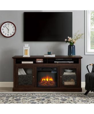 Contemporary Media Stand with 18" Fireplace Insert, Brown, 60"W