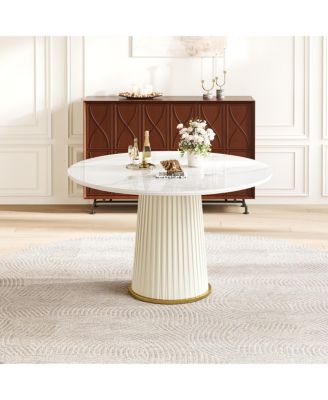  Modern 43.3" Round Dining Table, Glossy Sintered Stone Top, PU Leather Pedestal