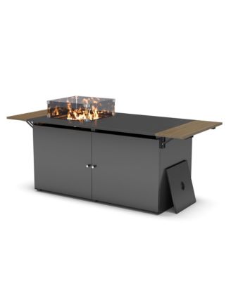 Propane Fire Pit Table 64 Inch with Lid, 55, 000 BTU Gas Fire Pits for Outside Patio with Glass Wind Guard, Gray Glass Beads