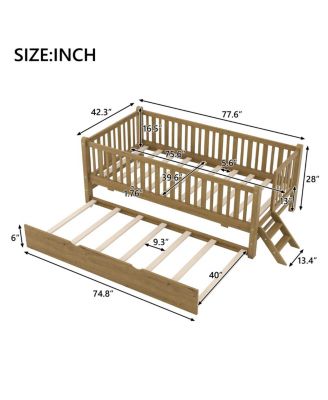Wood Twin Size Platform Bed with Guardrail and Trundle