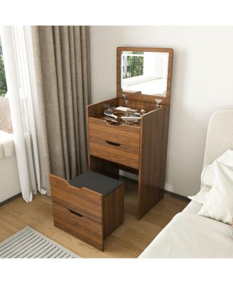 3-in-1 Vanity Desk with Lighted Mirror & Stool, Flip Top Makeup Dressing Table (Walnut)