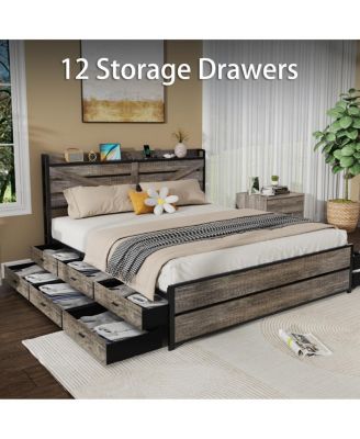 King bed frame with storage headboard and 12 drawers, metal platform foundation