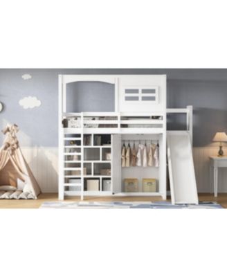 Wood Twin Size Loft Bed with Wardrobe, Storage Shelves, Slide and LED