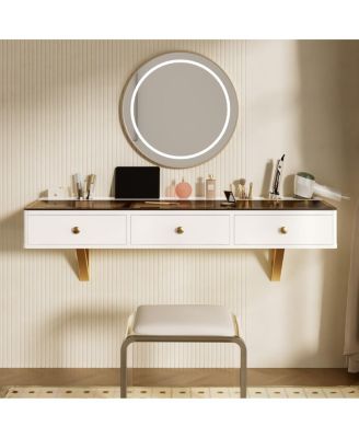 Streamdale 47" Floating Shelf with Drawer, Multi-Purpose Wall-Mounted Vanity Table, White/Golden