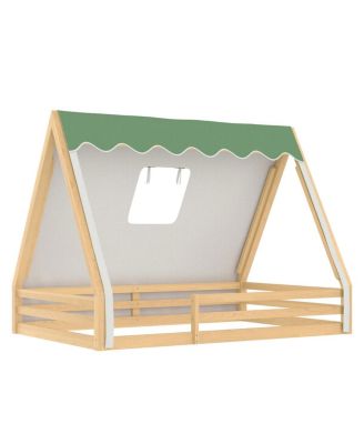 Full Size House Floor Bed with Tent and Light, Solid Wood Teepee Design