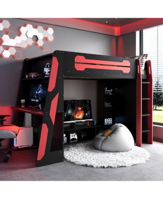 Wood Loft Bed with Desk, Multi-storage Shelves and RGB Light