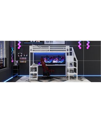 Metal Queen Loft Bed with Wardrobe, LED Light & L-Shaped Desk