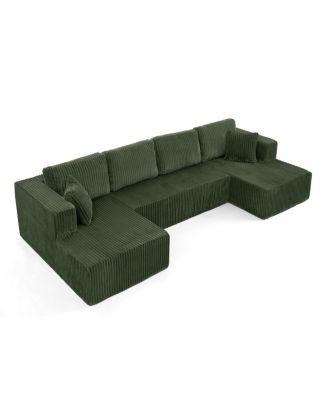  U-shape Modular Corduroy Sofa, Modern Minimalist Sleeper Couch - Green