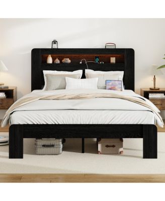Wood King Bed Frame with Storage, LED Headboard, USB