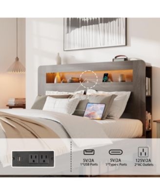 Queen Wood Bed Frame- LED Headboard, USB Ports, Storage
