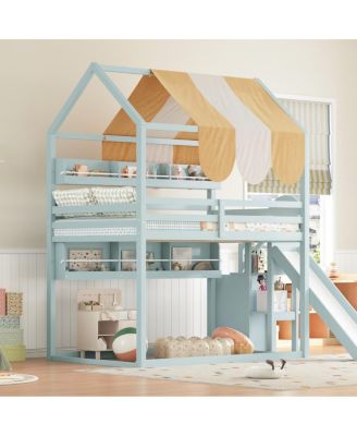 Full Size house Bed with Canopy, Slide & Built-In Bookshelves