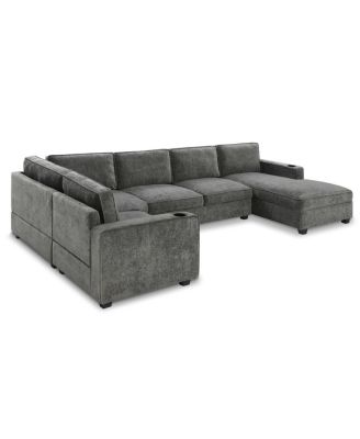 U-Shaped Sectional Sofa, 6 Seat Chenille Corner Couch with Cup Holders & Chaise