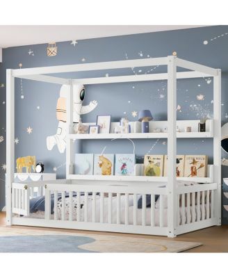 Twin Size Solid Wood Canopy Floor Bed with Guardrails & Shelves - White
