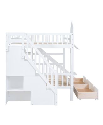 Full-Over-Full Castle Style Bunk Bed with 2 Drawers 3 Shelves and Slide