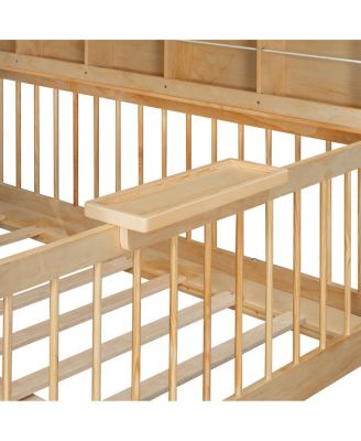 Full Size House Bed with 2 Large Drawers, Side Bookshelf with LED Strip, Natural