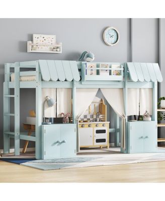 Streamdale Twin Loft Bed with Bookshelf, Curtain, Storage, Playful Design, Blue