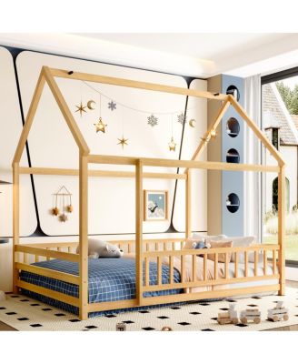 Full Size Floor Wooden Bed with House Roof Frame, Fence Guardrails