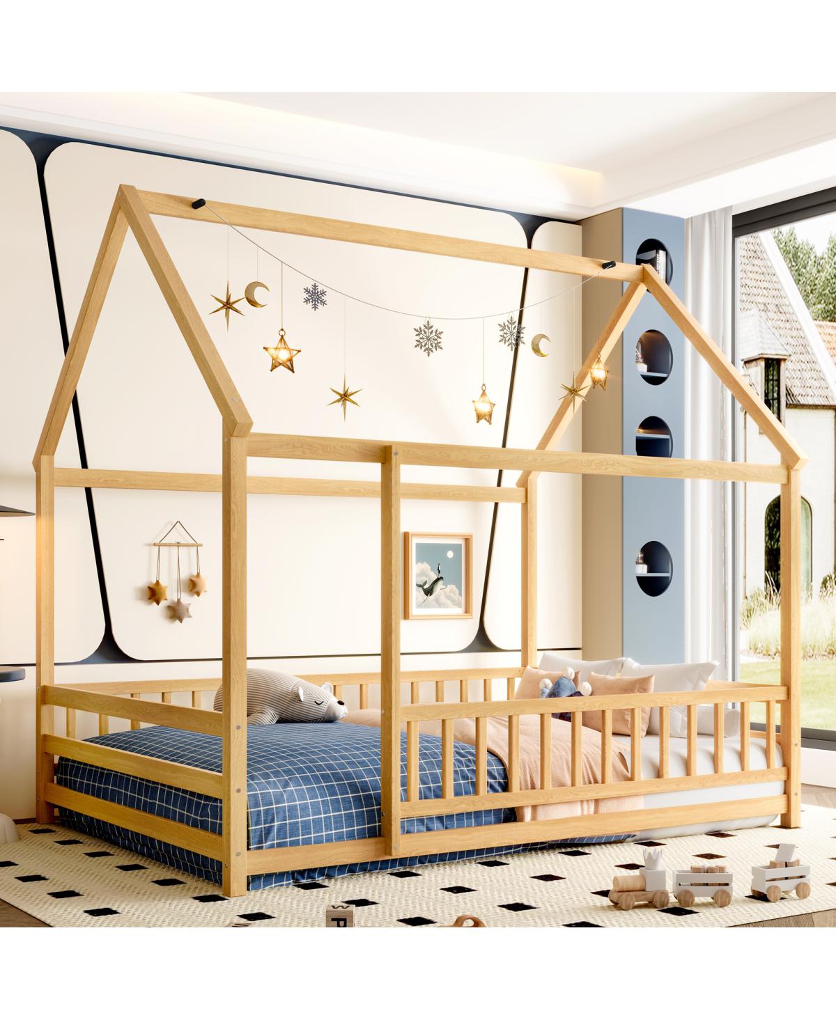 Streamdale Furniture Full Size Floor Wooden Bed with House Roof Frame, Fence Guardrails