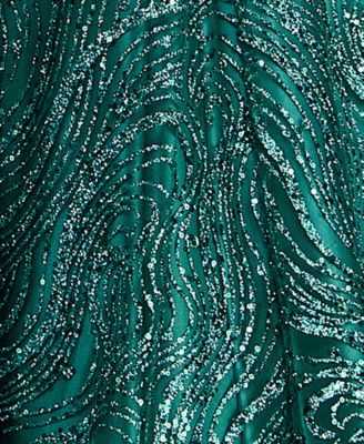 Juniors' Spaghetti Strap V Neck Glitter Pattern Gown with Lace Up Back