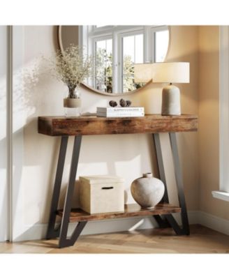 41-Inch Console Table with Geometric Metal Frame, 2-Tier Entryway Tables with Storage Shelves, Industrial Hallway Sofa Table