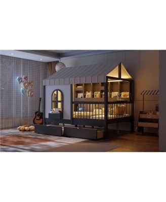 Full Size House Bed with 2 Large Drawers, Side Bookshelf with LED Strip