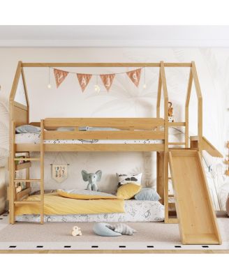 Twin Loft Bed with Bookshelf, Slide, and Playful House Design for Kids