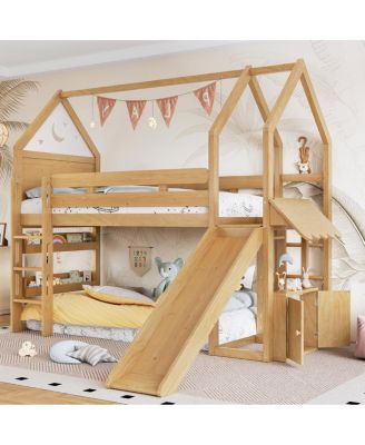 Twin Loft Bed with Bookshelf, Slide, and Playful House Design for Kids