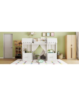 Twin Loft Bed with Bookshelf, Curtain, Storage, Playful Design