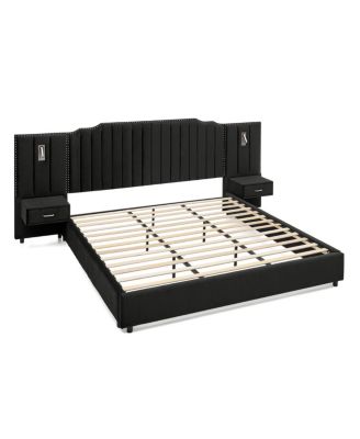 King Size Upholstered Bed Frame with Vertical Stripes & Buttons - No Box Spring Needed