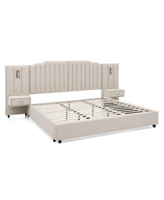 King Size Velvet Upholstered Bed Frame with Vertical Stripe Design
