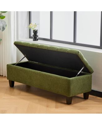 Ottoman Bench with Storage, Green Boucle, Rubber Wood Legs, 300 lbs Cap