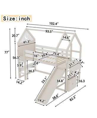 Twin Size Loft Bed with Bookshelf and Slide - Kids House-Shaped Design