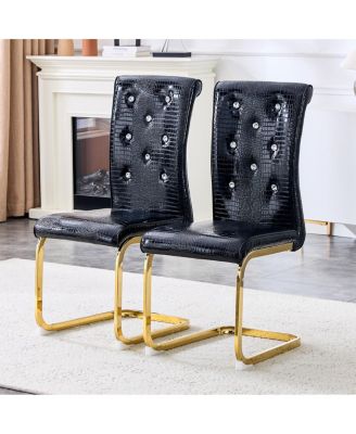 Set of 4 Retro Alligator Upholstered Dining Chairs with Crystal Buckle & Gold Legs