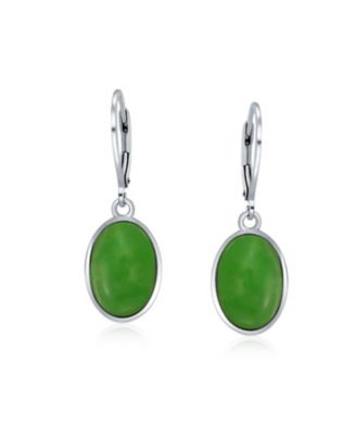 3.2CT Bezel Simulated Jade Green Quartz Oval Dangle Earrings .925 Sterling Silver Set Lever-back