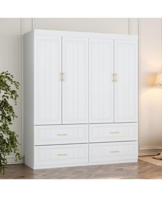 White Wooden 4-Door Super Large Bedroom Armoire Wardrobe with Hanging Bars