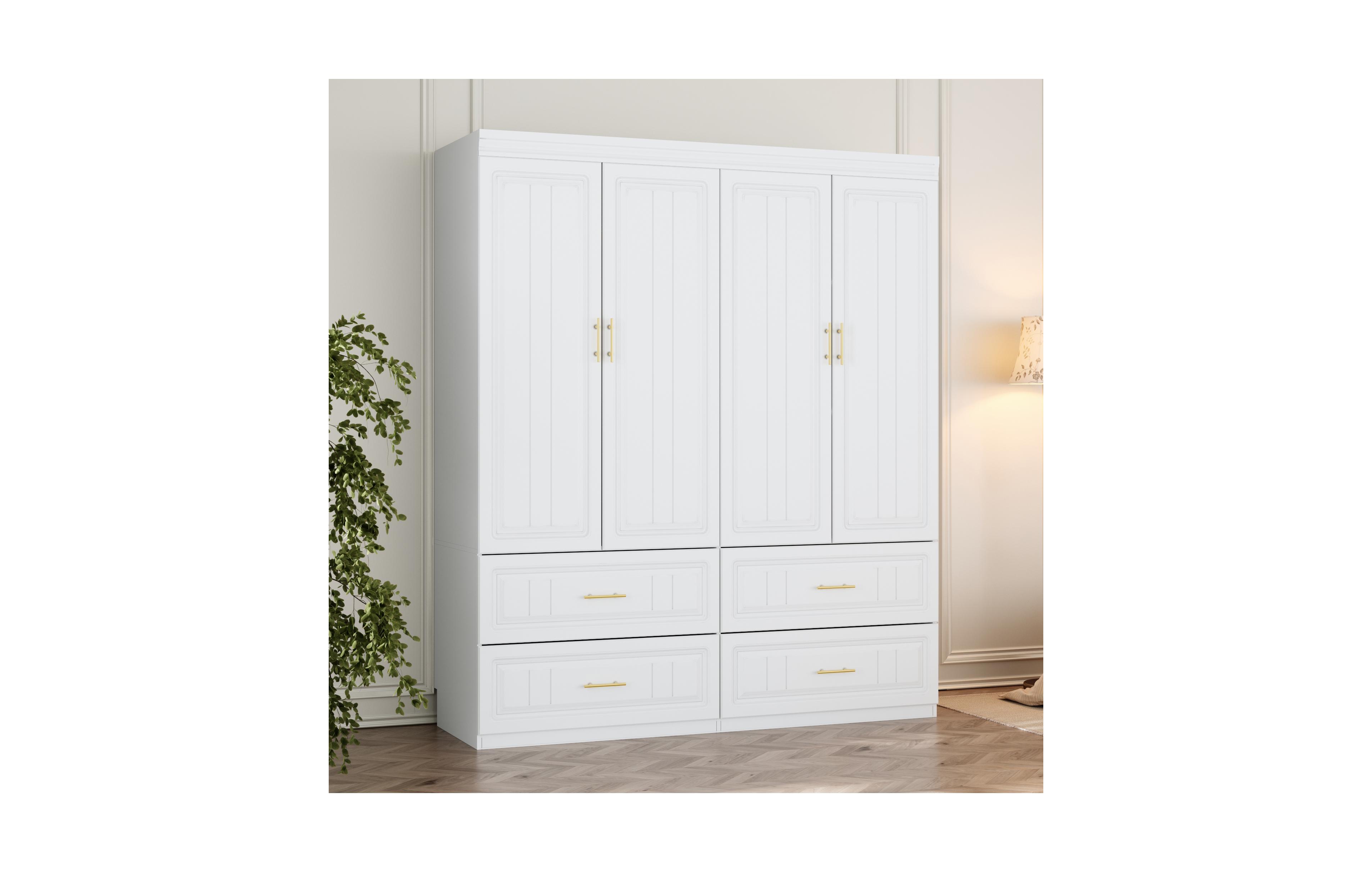 Famapy White Wooden 4-Door Super Large Bedroom Armoire Wardrobe with Hanging Bars