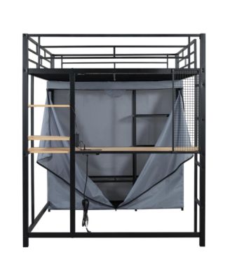 Loft Metal Bed with Desk,Shelves,Power Outlet,LED Light and Wardrobe - Full