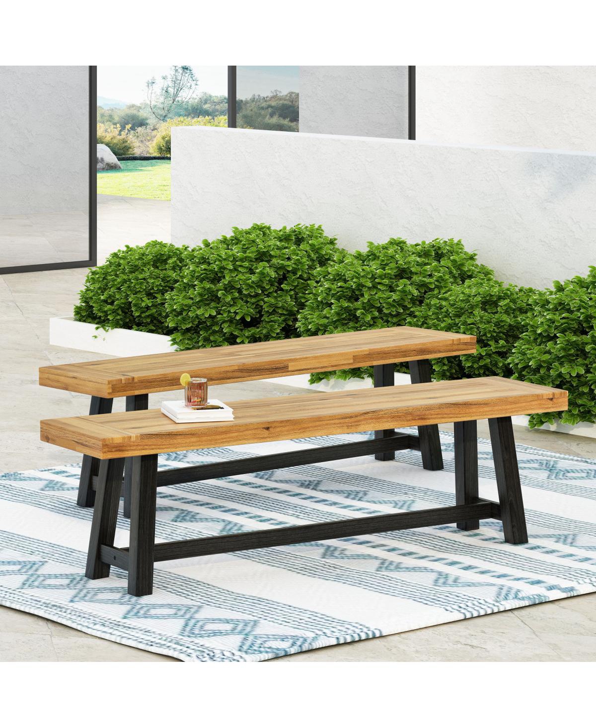 Streamdale Furniture Acacia Outdoor Bench, Sandblast Teak Finish and Black, set of 2pcs