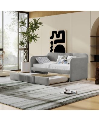 Upholstered Daybed Sofa Bed Twin Size With Trundle Bed and Wood Slat, Gray