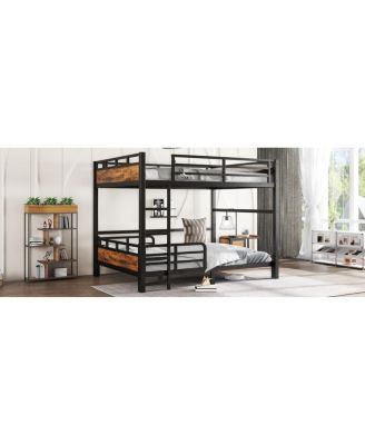  Queen over Queen Metal Bunk/Loft Bed with Security Fence, Vintage Wood-Colored