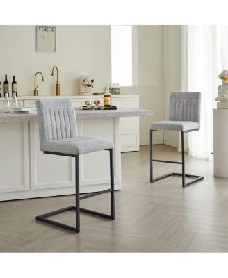 Bar Stool – Light Gray Fabric Chair with Black Metal Frame (2 Sets)