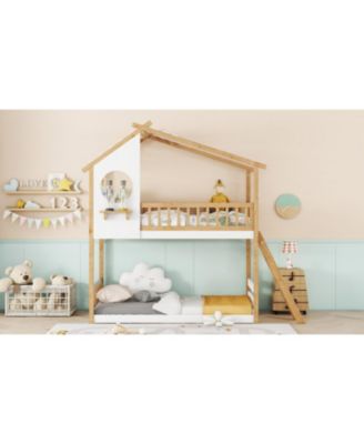 Twin Over Twin Bunk Bed with Roof, Window, Ladder