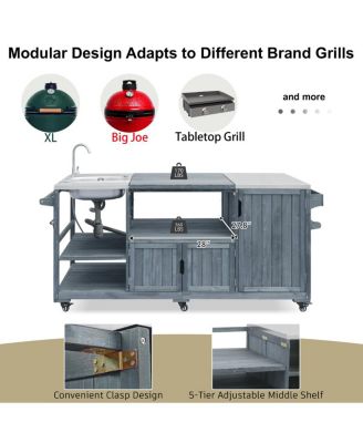 Outdoor Kitchen Island with Sink, Solid Wood Grill Cart for XL Green Egg, Rolling Bar Cart, Brown