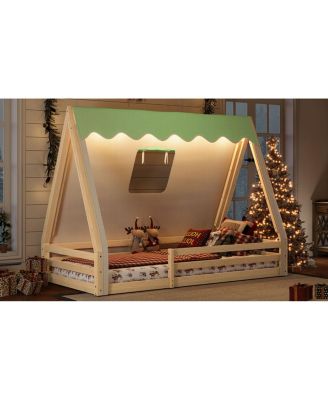 Twin Size House Floor Bed with Tent and Light, Solid Wood Teepee Design